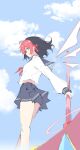  1girl absurdres bike_shorts black_hair black_sailor_collar black_shorts black_skirt blue_sky cloud colored_bangs commentary day english_commentary feet_out_of_frame green_eyes highres holding holding_staff long_sleeves looking_at_viewer looking_back magical_girl making-of_available midriff miniskirt neckerchief osu! outdoors pink_hair pippi_(osu!) pleated_skirt red_neckerchief sailor_collar school_uniform serafuku short_hair shorts skirt sky solo staff tofumang 