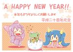  &gt;_&lt; blue_hair bow chibi closed_eyes dragon egg hair_bow japanese_clothes kimono multiple_girls new_year original purple_hair raado_(punipara) western_dragon 