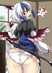  1girl ass bad_id bad_pixiv_id blue_hair book fang from_behind geike head_wings highres horns looking_back multicolored_hair open_mouth panties red_eyes sash shirt silver_hair single_head_wing skirt skirt_lift solo tokiko_(touhou) touhou two-tone_hair underwear upskirt white_hair white_panties window wings 