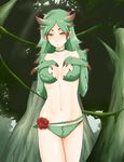  breasts capcom espinas flower green_hair green_panties ind-kary monster_hunter monster_hunter_frontier multicolored_hair nature navel panties personification rose tree underwear yellow_eyes 