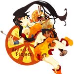  arancia armlet boots breasts brown_hair crop_top food fruit groin ice_cream kuroihato large_breasts long_hair midriff miniskirt navel orange orange_(color) orange_eyes orange_skirt original skirt solo spoon transparent_background twintails wristband 