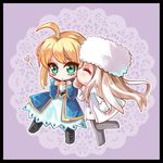  ahoge artoria_pendragon_(all) blonde_hair chibi doily dress eyelashes fate/zero fate_(series) fur_hat green_eyes hat heart irisviel_von_einzbern kiss long_hair multiple_girls pantyhose saber saya_kohiji_mame white_hair 