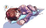  1girl absurdres ahoge animal_ears breasts brown_hair carrot checkered_ribbon commentary_request dantsu_flame_(umamusume) dreaming drooling ear_covers ear_ribbon hair_between_eyes hairband highres horse_ears horse_girl horse_tail hugging_object kanran_(k_han_ran) large_breasts long_sleeves lying multicolored_hair on_side open_mouth pajamas pants pillow pillow_hug pink_hairband pink_pajamas pink_pants pink_shirt print_pajamas saliva shirt short_hair simple_background sleeping solo speech_bubble spoken_food streaked_hair tail teeth thought_bubble translation_request umamusume white_background white_hair white_streaks 