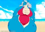 2026 anthro beach bedroom_eyes belly big_breasts blue_body blue_eyes breasts clothing digital_media_(artwork) female generation_1_pokemon hair hand_on_hip hi_res huge_breasts huge_hips huge_thighs hyper hyper_hips hyper_thighs lapras mammal narrowed_eyes navel nintendo octavia_(choujinvirus) one-piece_swimsuit overweight overweight_anthro overweight_female pokemon pokemon_(species) seductive solo swimwear thick_thighs white_hair wide_hips xxsparcoxx