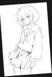  1girl closed_mouth collarbone commentary cowboy_shot double-parted_bangs greyscale highres miniskirt monochrome neckerchief osu! pippi_(osu!) pleated_skirt romaji_commentary sailor_collar school_uniform serafuku short_hair simple_background skirt solo tofumang unfinished white_background 