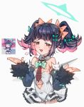  1girl :3 bare_shoulders black_choker black_hair blush bow bowtie checkered_necktie choker clothing_cutout colored_inner_hair commentary detached_sleeves dress fur-trimmed_sleeves fur_trim green_bow green_bowtie green_halo hair_bow halo hands_up highres kghazir looking_at_viewer multicolored_hair multiple_hair_bows nangong_yu navel navel_cutout necktie open_mouth pink_bow red_eyes red_necktie reference_inset simple_background sketch sleeve_bow solo upper_body white_background white_dress white_wings wings zenless_zone_zero 