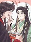  2boys :d :t ahoge bindi black_eyes black_hair black_hanfu blush box box_of_chocolates bright_pupils candy chinese_clothes chocolate clenched_hand closed_mouth commentary curtained_hair eating facial_mark folded_fan folding_fan food forehead_mark gatan666 gift green_hanfu green_ribbon half_updo hand_fan hanfu heart heart-shaped_chocolate heart-shaped_food heart_ahoge heart_background highres holding holding_fan long_hair long_sleeves luo_binghe male_focus multiple_boys pink_background profile renzha_fanpai_zijiu_xitong ribbon ribboned_xiao_guan shen_qingqiu smile symbol-only_commentary valentine white_background white_pupils yaoi 