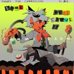  1boy animal_ears apron black_pants border buttons cat_boy cat_ears cat_tail chef collage color_contrast double-breasted egg_(food) english_text food fried_egg frying_pan gradient_background grey_eyes grey_hair holding holding_frying_pan holding_ladle ladle long_sleeves looking_at_viewer male_focus mk1liaoqian multicolored_hair neckerchief omelet omurice open_mouth original pants short_hair smile solo streaked_hair tail white_hair 