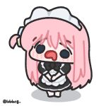  1girl apron black_dress blank_stare blue_eyes bocchi_the_rock! chibi chibi_only confused dress drooling full_body gotoh_hitori highres long_hair looking_at_viewer lulalang maid maid_headdress mouth_drool one_side_up open_mouth pink_hair simple_background solo standing twitter_username white_apron white_background 