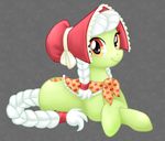  abstract_background bonnet braids clemikou clothing crossed_legs cutie_mark equine female feral friendship_is_magic granny_smith_(mlp) hair horse long_hair looking_at_viewer lying mammal mane my_little_pony pigtails pony red_ribbon shawl smile solo white_hair 