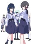  6+girls aqua_hair atsuko_(blue_archive) black_hair black_sailor_collar black_skirt black_socks blue_archive blue_eyes blue_hair braid breasts camera closed_eyes commentary_request crossed_arms expressionless grey_hair highres hiyori_(blue_archive) holding holding_camera kneehighs long_hair long_sleeves maia_(blue_archive) mask mask_pull misaki_(blue_archive) mouth_mask multiple_girls narumura on_one_knee purple_eyes purple_hair ribbon sailor_collar saori_(blue_archive) school_uniform shirt short_hair sidelocks simple_background skirt skirt_hold smile socks subaru_(blue_archive) white_background white_shirt 