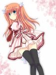  bad_id bad_pixiv_id black_legwear blue_eyes blush dress dutch_angle eyebrows_visible_through_hair highres hoshimame_mana knees_together_feet_apart leaf long_hair ootori_chihaya orange_hair pink_dress rewrite ribbon ribbon-trimmed_legwear ribbon_trim skirt solo thighhighs twintails two_side_up wing_hair_ornament zettai_ryouiki 