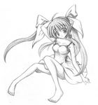  absurdres barefoot bow cokua feet greyscale hair_bow hand_on_own_head highres large_bow monochrome original pointy_ears smile solo toes traditional_media twintails 