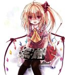  ascot black_legwear blonde_hair blush colorized flandre_scarlet hair_ribbon kurona manga_(object) nanase_nao no_hat no_headwear open_mouth reading red_eyes ribbon shirt side_ponytail sitting skirt smile solo thighhighs touhou wings zettai_ryouiki 