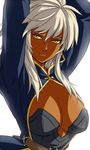  arms_up breasts cleavage dark_skin gus_(clarkii) large_breasts lips original silver_hair solo 