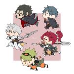  5boys a_nzi_end achilles_(fate) achilles_(fearless_diver)_(fate) black_hair blue_eyes chibi chibi_only commentary_request fate/grand_order fate_(series) goggles goggles_on_head green_hair grey_hair highres hijikata_toshizou_(fate) holding holding_polearm holding_weapon male_focus mori_nagayoshi_(fate) multiple_boys open_mouth orange_eyes percival_(fate) polearm red_eyes red_hair running saitou_hajime_(fate) sharp_teeth teeth weapon 
