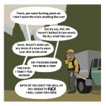 ambiguous_gender anthro argument armor axe blurred_background border bottomwear brown_body brown_clothing brown_footwear brown_fur brown_shoes canid canine canis clothing dialogue domestic_dog facepalm footwear fur green_bottomwear green_clothing green_pants hard_hat hat headgear headwear helmet hi_res hunting_dog jacket light_truck lily_(oystr) mammal offscreen_character orange_eyes outside oystr pants pickup_truck shoes sighthound solo speech_bubble tool_belt topwear truck united_states_forest_service vehicle white_border yellow_clothing yellow_hat yellow_headwear yellow_jacket_(clothing) yellow_topwear