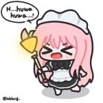  >_< 1girl apron black_dress bocchi_the_rock! chibi chibi_only closed_eyes dress full_body gotoh_hitori highres holding holding_staff long_hair lulalang mage_staff maid maid_headdress one_side_up open_mouth pink_hair simple_background solo speech_bubble staff standing twitter_username white_apron white_background 