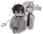  ... 2boys akinashi_haru blush breasts bright_pupils cellphone collar collared_shirt commentary drawstring english_commentary english_text frilled_collar frills glasses gloom_(expression) greyscale holding holding_phone hood hood_down hoodie jacket long_sleeves looking_at_another looking_down male_focus medium_breasts monochrome multiple_boys necktie open_clothes open_jacket open_mouth phone saihate_eki shirt short_hair smartphone suit_jacket sweat tatsunami_shion tosteurmori upper_body white_pupils 