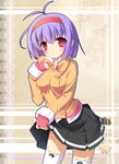  blush breasts hairband highres imouto_recipe masaki_(machisora) medium_breasts purple_hair red_eyes short_hair skirt skirt_lift solo thighhighs ukai_honoka 