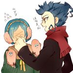  1girl blue_hair coat earmuffs flying_sweatdrops fur_trim inazuma_eleven_(series) inazuma_eleven_go komiyan long_hair looking_at_another md5_mismatch mittens pinching profile red_scarf scarf short_hair sorano_aoi tsurugi_kyousuke upper_body winter_clothes 