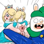 1:1 2022 anthro anus backwards_hat bangs big_butt black_eyes blue_clothing blue_dress blue_eyes blue_overalls blush blushing_profusely bodily_fluids buckteeth butt closed_smile clothed clothed_anthro clothed_female clothed_male clothing colored crossover crown digital_drawing_(artwork) digital_media_(artwork) dress ear_piercing ear_ring erection erection_under_clothing eyelashes female female_anthro female_human fully_clothed fully_clothed_anthro fully_clothed_male fur gem genitals green_clothing green_hat green_headwear green_shirt green_topwear group hair hair_over_eye half-closed_eyes hand_on_own_face hat headgear headwear hi_res human japanese_description lagomorph larger_female larger_human light lighting long_hair looking_at_viewer looking_back male male_anthro mammal mario_bros mario_plus_rabbids_kingdom_battle mario_plus_rabbids_sparks_of_hope mitten_hands motion_lines mouth_closed multicolored_body narrowed_eyes nintendo no_eyebrows noseless open_mouth open_smile osirisky overalls partially_clothed_female partially_clothed_human piercing pink_anus pink_tongue presenting presenting_anus princess pupils rabbid rabbid_luigi rabbid_rosalina raving_rabbids rayman_(series) ring_piercing rosalina_(mario) royalty ruby_(gem) sapphire_(gem) shaded shirt simple_background size_difference smaller_anthro smaller_female smaller_male smile smiling_at_viewer spread_anus spreading standing super_mario_galaxy sweat sweaty_butt sweaty_face tan_body tan_eyelids tan_skin tan_vulva teeth thin_eyebrows tongue topwear trio two_tone_body ubisoft vulva white_background white_body white_fur white_pupils