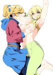  2girls absurdres armpits barefoot blonde_hair blue_eyes blue_skirt cadence_(necrodancer) clothes_lift commentary dove_(necrodancer) ecoman grabbing_another's_breast green_pants groping highres jacket long_hair multiple_girls navel nipple_stimulation nipples pants parted_lips ponytail red_jacket rift_of_the_necrodancer shirt_lift simple_background skirt smile tank_top white_background yellow_tank_top yuri 
