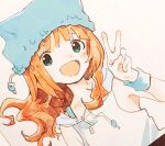  1girl :d alternate_hairstyle armpit_crease armpits bare_shoulders blue_hat blunt_bangs bra_strap dot_nose drawstring dutch_angle floating_hair green_eyes hair_down hand_up hat hood hood_down hoodie idolmaster idolmaster_(classic) long_hair looking_at_viewer open_mouth orange_hair simple_background sleeveless sleeveless_hoodie smile solo sweatband takatsuki_yayoi tareme upper_body v wasabiwasabiwasawasa wavy_hair wristband 