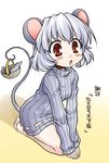  :o akou_roushi alternate_costume animal_ears bare_legs barefoot basket blush child fingernails full_body grey_hair mouse mouse_ears mouse_tail nazrin panties red_eyes ribbed_sweater seiza short_hair simple_background sitting solo sweater tail tail_hold touhou translation_request underwear v-shaped_eyebrows v_arms 