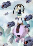  arm_up arm_warmers bad_id bad_pixiv_id beldum black_legwear blouse blush braid brown_hair flying frills gen_3_pokemon green_eyes holding holding_poke_ball ngayope open_mouth poke_ball pokemon pokemon_(creature) red_eyes registeel scarf shoes skirt standing thighhighs twin_braids 