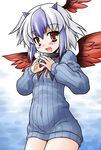  akou_roushi alternate_costume blush bottomless brown_eyes head_wings horns multicolored_hair naked_sweater no_pants red_wings revision ribbed_sweater simple_background single_head_wing smile solo sweater tokiko_(touhou) touhou two-tone_hair wings 