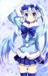  aqua_hair bad_id bad_pixiv_id blue_eyes blush bow earmuffs hatsune_miku kohaku. long_hair mittens skirt smile solo thighhighs twintails very_long_hair vocaloid yuki_miku 