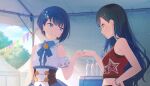  2girls armpit_crease bare_arms black_corset black_hair blue_collar blue_eyes blue_gem blue_hair blue_skirt blue_sky bottle bracelet breasts brooch bunting buttons center_frills chain chain_bracelet closed_mouth cloud clover_brooch clover_print collar colorful_palette corset detached_sleeves dot_nose earrings fist_bump frilled_shirt_collar frilled_sleeves frills game_cg gem gradient_hair grin hair_ornament hairclip hand_up heart heart_hair_ornament highres idol_clothes jewelry kiritani_haruka long_hair looking_at_another medium_breasts midriff multicolored_hair multiple_girls official_art orange_eyes our_golden_days_(project_sekai) parted_lips profile project_sekai red_tank_top shiraishi_an shirt short_hair single_bare_arm single_detached_sleeve skirt sky smile star_(symbol) star_hair_ornament star_print tank_top third-party_source tree two-tone_corset upper_body water_bottle white_corset white_shirt 