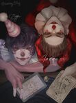 2boys arm_up bare_arms bell black_background bright_pupils brown_hair card character_name closed_mouth clown commentary elbows_on_table english_commentary facepaint film_grain fingernails hair_behind_ear hat heart highres holding holding_card instagram_username jester jester_cap jingle_bell limmysky looking_at_viewer male_focus multiple_boys neck_ruff original party_hat pink_hat playing_card pom_pom_(clothes) purple_shirt realistic red_eyes red_hat red_lips red_shirt shirt short_hair side-by-side simple_background smile straight-on striped_hat swept_bangs table thick_eyebrows upper_body upside-down very_short_hair white_pupils wooden_table yellow_hat 