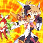  armor armpits bare_shoulders brown_hair chibi headphones kanibasami monster navel open_mouth orange_eyes punching senki_zesshou_symphogear short_hair solo tachibana_hibiki_(symphogear) 