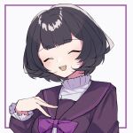  1girl black_hair border closed_eyes facing_viewer hand_on_own_chest head_tilt highres long_sleeves mamiya_ritsu open_mouth oshima_hanto paradigm_paradox purple_border purple_serafuku school_uniform serafuku short_hair smile solo white_background 