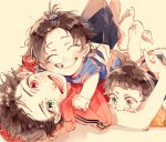  3boys :t ^_^ aged_down arms_around_neck baby bangs_pinned_back barefoot biting biting_another's_arm black_hair black_shirt blue_eyes blue_shirt blush brothers brown_shorts buster_bros!!! child closed_eyes commentary_request cuddling facing_viewer fingernails green_eyes grin group_picture hair_ornament hairpin hand_up hands_on_another's_arm happy heterochromia highres hooded_shirt hypnosis_mic looking_at_viewer loose_hair_strand lower_teeth_only lying lying_on_person male_focus missing_tooth mole mole_under_eye mole_under_mouth multiple_boys multiple_moles on_back on_stomach pale_skin raised_eyebrows red_eyes red_shirt shadow shirt short_hair shorts siblings smile sorako_(yoshida_t) spread_legs teeth toenails yamada_ichiro yamada_jiro yamada_saburo 