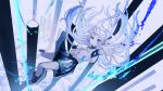  1girl absurdres arm_up black_shoes blue_eyes blue_nails blue_skirt character_request closed_mouth collared_shirt ear_ornament falling floating_hair hand_on_own_chest hand_up highres indie_utaite long_hair looking_at_viewer nonopace reaching reaching_towards_viewer shirt shoes short_sleeves skirt solo splatter utaite very_long_hair white_hair white_shirt 