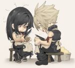  1boy 1girl 4k1030 apron arm_ribbon bandaid bandaid_on_cheek bandaid_on_face bare_shoulders black_apron black_hair black_pants black_shirt blonde_hair blue_eyes cloud_strife final_fantasy final_fantasy_vii final_fantasy_vii:_advent_children from_side full_body highres holding holding_knife knife long_hair messy_hair musical_note on_stool open_mouth pants peeling potato profile red_eyes red_ribbon ribbon shirt short_hair sitting sleeveless sleeveless_shirt spiked_hair star_(symbol) stool tifa_lockhart twitter_username waist_apron 