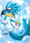  abstract_background absurd_res anthro beak blue_body blue_eyes blue_fur cheek_tuft chest_tuft eyewear eyewear_on_head facial_tuft featureless_crotch fur goggles goggles_on_head hi_res holding_tablet holding_tablet_pen kuttoyaki looking_at_viewer male mouth_closed nude solo species_request tuft white_body white_fur yellow_beak 