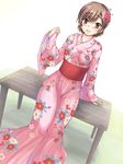  brown_eyes brown_hair flower hair_flower hair_ornament hairclip japanese_clothes kami_nomi_zo_shiru_sekai kimono kosaka_chihiro obi sash short_hair sitting solo yo-jin 