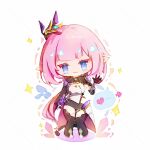  1girl black_boots black_shorts black_shrug boots breasts cape chibi chibi_only chinese_commentary cleavage commentary_request commission corset elf elysia_(honkai_impact) elysia_(miss_pink_elf)_(honkai_impact) gu_de_lai_de hair_ornament highres honkai_(series) honkai_impact_3rd long_hair looking_at_viewer medium_breasts pink_hair pointy_ears shorts shrug_(clothing) simple_background solo thighs very_long_hair white_background white_corset 