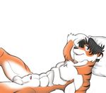  eyes_closed feline lying male mammal muscles nude panchi_tiger penis pillow plain_background sheath solo tiger 
