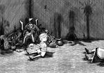  ascot basement blood blood_stain chiroya corpse edward_gorey_(style) flag flandre_scarlet greyscale guro hat kirisame_marisa maid monochrome multiple_girls parody severed_limb sitting skull style_parody touhou wings 