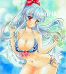  arms_up at_classics bikini blue_hair blush bow breasts cleavage collarbone hair_bow high_ponytail hips kamishirasawa_keine large_breasts leaning_forward long_hair looking_at_viewer marker_(medium) ponytail red_eyes sample seductive_smile side-tie_bikini skindentation smile solo swimsuit touhou towel traditional_media wide_hips 