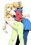  2girls absurdres blonde_hair blue_eyes blue_pantyhose blue_skirt braid cadence_(necrodancer) closed_mouth commentary dove_(necrodancer) ecoman grabbing_another's_breast grabbing_from_behind green_pants groping hair_ornament highres jacket multiple_girls pants pantyhose parted_lips ponytail red_jacket rift_of_the_necrodancer scrunchie simple_background single_braid skirt skull_hair_ornament smile tank_top white_background wrist_scrunchie yellow_tank_top yuri 