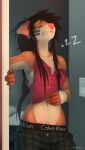 anthro bangs bed bodypaint boxers_(clothing) brown_hair button_(fastener) calvin_klein canid canine canis chest_wraps clothed clothes_falling_off clothing dingo doorway english_text eyes_closed face_paint fayleh female fur furniture hair hand_wraps light_switch long_bangs long_hair mammal navel orange_body orange_fur partially_clothed pattern_clothing pattern_underwear plaid plaid_clothing plaid_underwear pockets ponytail red_clothing red_nose red_topwear sleeping sleeveless_clothing snaggle_tooth solo sovereignty tan_body tan_fur text top_lift topwear touching_belly underwear wraps