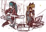  animal_ears aqua_hair audio-technica blonde_hair cat_ears closed_eyes guitar hand_on_headphones hatsune_miku headphones instrument listening_to_music long_hair miniskirt multiple_girls music necktie panties_(pantsu-pirate) playing_instrument seeu shirt sitting skirt stax t-shirt thighhighs twintails vocaloid wristband zettai_ryouiki 