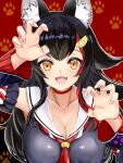  animal_ear_fluff animal_ears black_hair black_serafuku black_sleeves chachanponpon claw_pose commentary_request detached_sleeves fangs fingernails highres hololive hololive_gamers long_fingernails looking_at_viewer multicolored_hair ookami_mio paw_print red_background red_streaks sailor_collar school_uniform serafuku single_hair_streak smile streaked_hair two-tone_hoodie virtual_youtuber white_sailor_collar wolf_ears wolf_girl yellow_eyes 