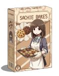  1girl apron baking_sheet barcode black_eyes blue_shirt box breasts brown_hair character_name collared_shirt cookie english_text food hamsterfragment holding holding_tray jaggy_lines looking_at_viewer lowres medium_breasts medium_hair neck_ribbon nervous_sweating open_mouth original oven_mitts ribbon shinohata_sachie_(hamsterfragment) shirt solo sweat sweatdrop tray white_apron 